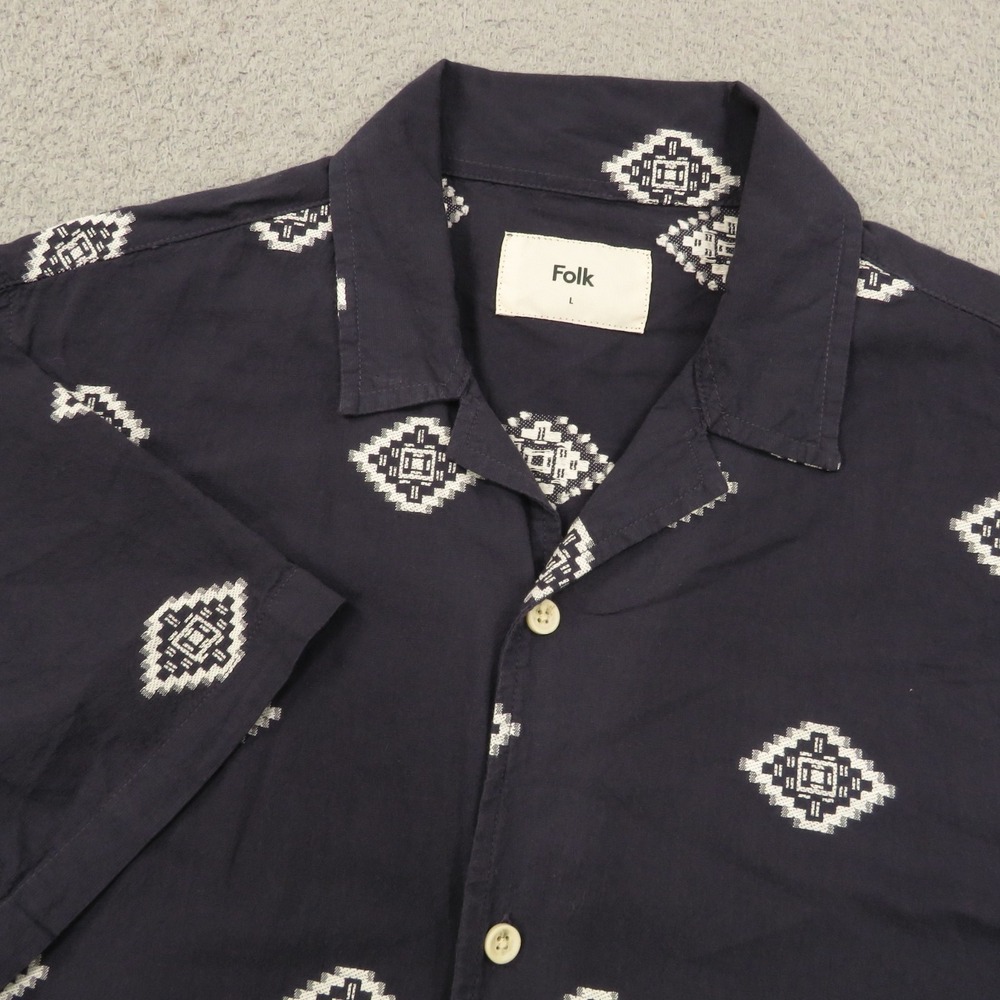 Folk Shirt Mens Large Navy Cotton White Jacquard Woven Aztec Print Camp Collar